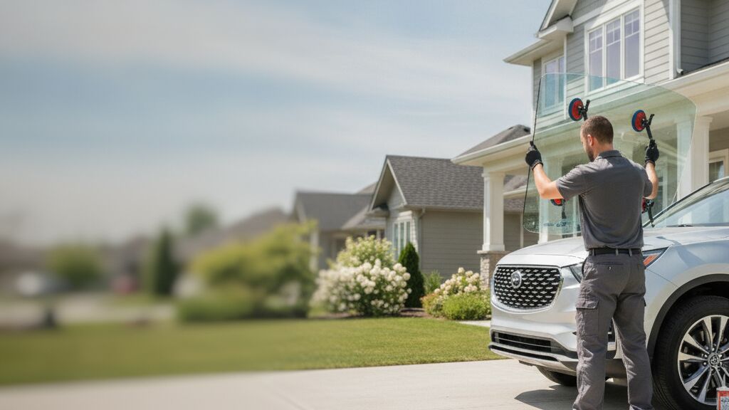 Technician installing a windshield at a customer's home